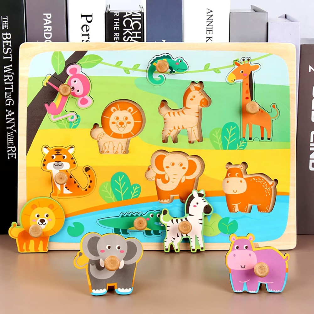 Puzzle Montessori din lemn pentru copii, model animale din jungla, 9 piese, multicolor [2]