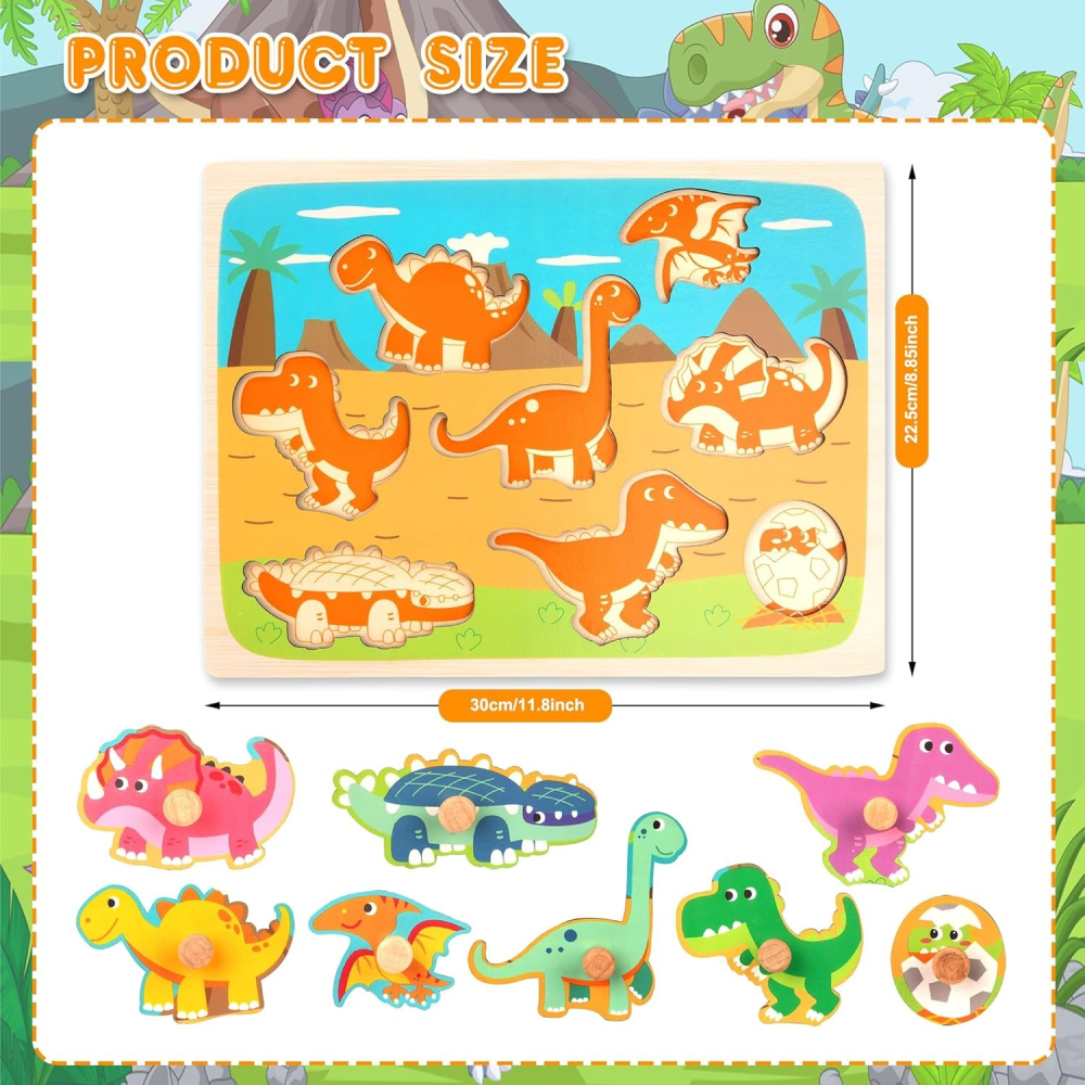 Puzzle Montessori din lemn pentru copii, model Dinozauri, 8 piese, multicolor [4]