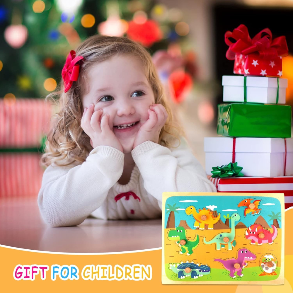 Puzzle Montessori din lemn pentru copii, model Dinozauri, 8 piese, multicolor [2]