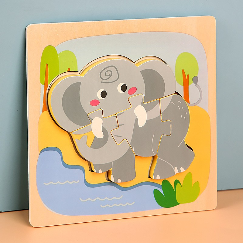 Puzzle Montessori din lemn pentru copii, model Elefant 3D, 4 piese, multicolor [2]
