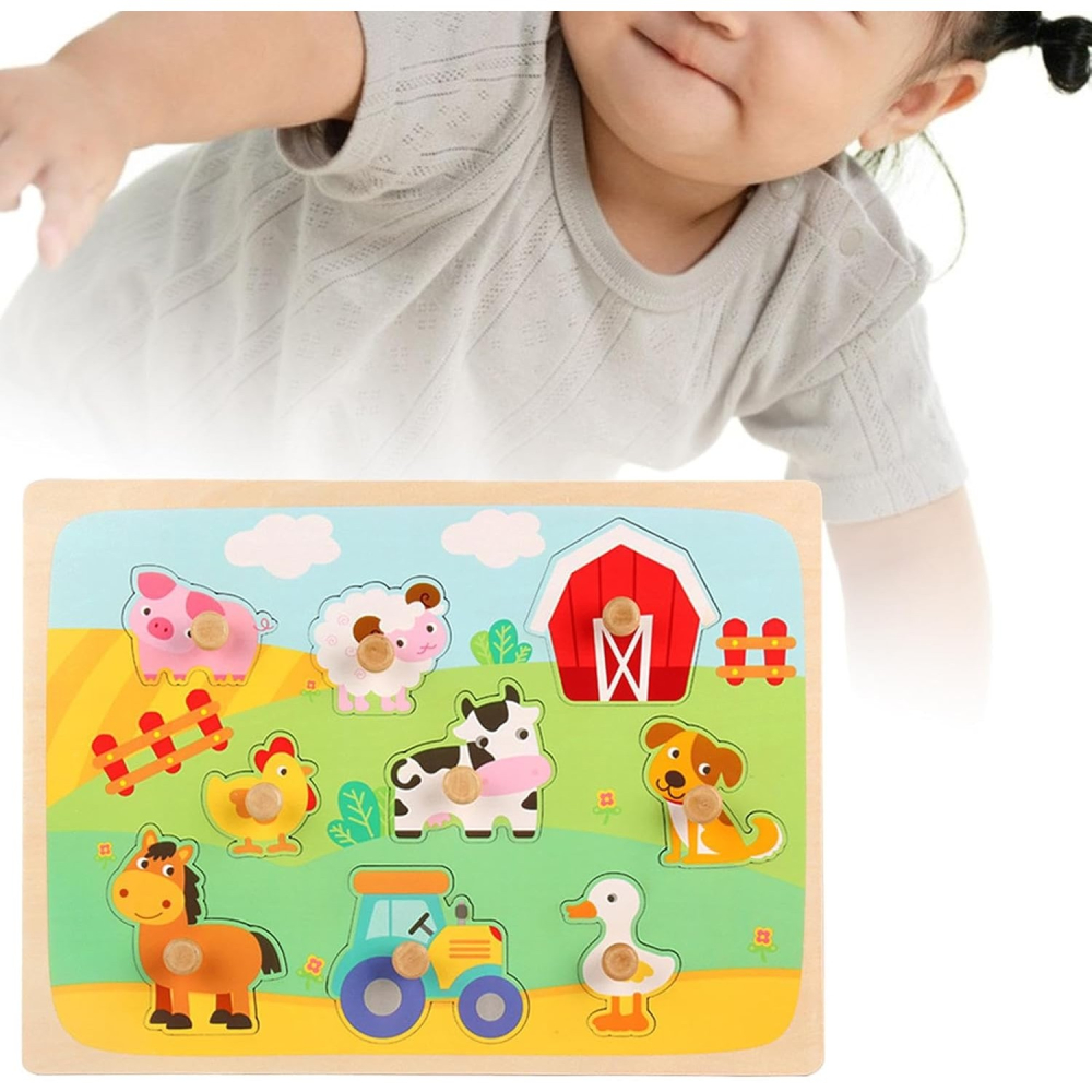 Puzzle Montessori din lemn pentru copii, model Ferma, 9 piese, multicolor [6]