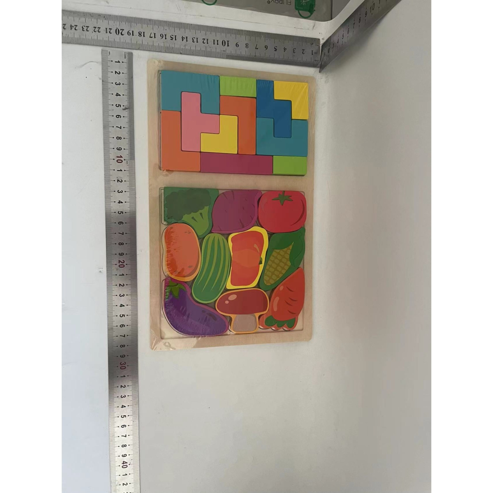 Puzzle Montessori din lemn, tip Tetris 2 in 1, cu legume colorate 3D, 21 piese [6]