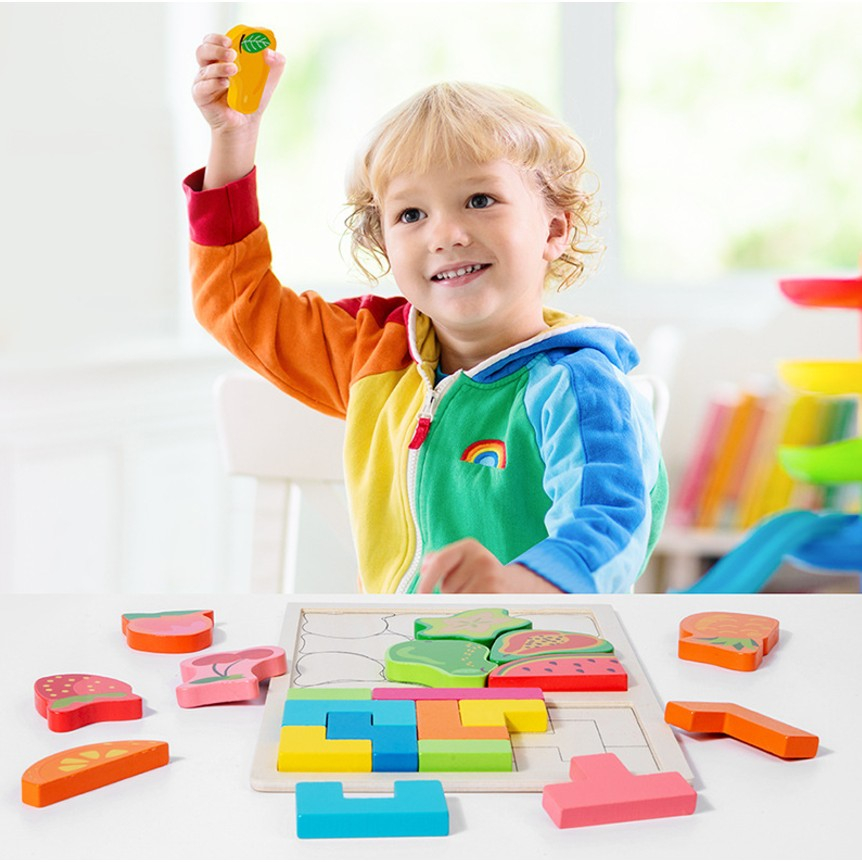 Puzzle Montessori din lemn, tip Tetris 2in1, cu fructe colorate 3D, 21 piese [5]