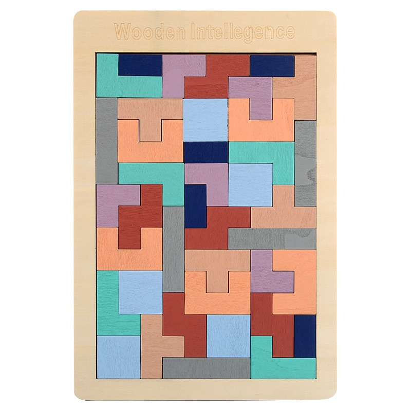 Puzzle Montessori tip Tetris, 40 piese, lemn natural, multicolor pastelat [2]