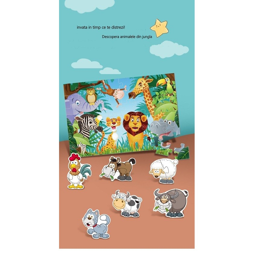 Puzzle pentru copii, jungla cu animale, 48 de piese, set dublu [6]
