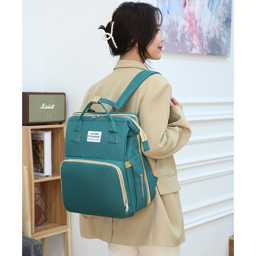 Rucsac multifunctional pentru mamici, cu patut pliabil, baza de schimbat, buzunar termic, 42x32x22 cm, verde [2]