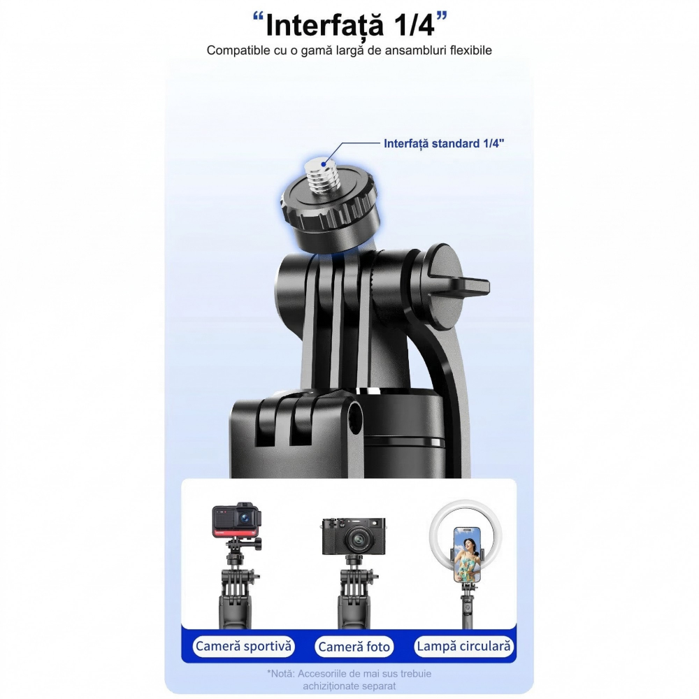 Selfie stick si trepied extensibil, model F16, telecomanda Bluetooth reincarcabila, negru [4]