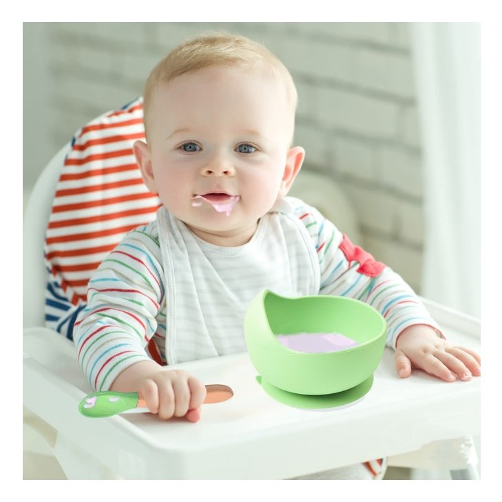 set 10 piese hranire bebelusi bol farfurie ventuza tacamuri lemn silicon verde [2]