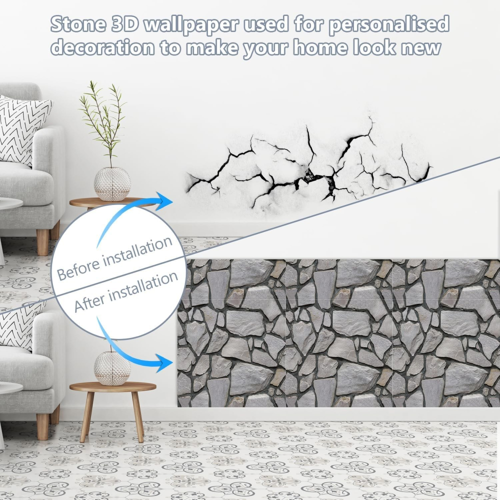 Set 10 placi tapet autocolant 3D, model imitatie pietre, autoadeziv, 30x30 cm, gri [7]