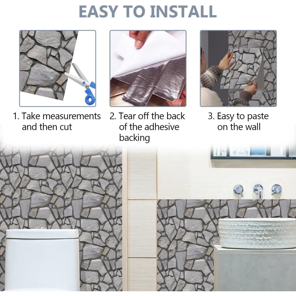 Set 10 placi tapet autocolant 3D, model pietre, autoadeziv, 30x30 cm, gri [5]