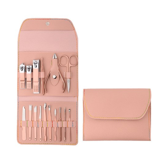 set 16 piese ingrijire cosmetica manichiura pedichiura geanta piele ecologica roz [2]