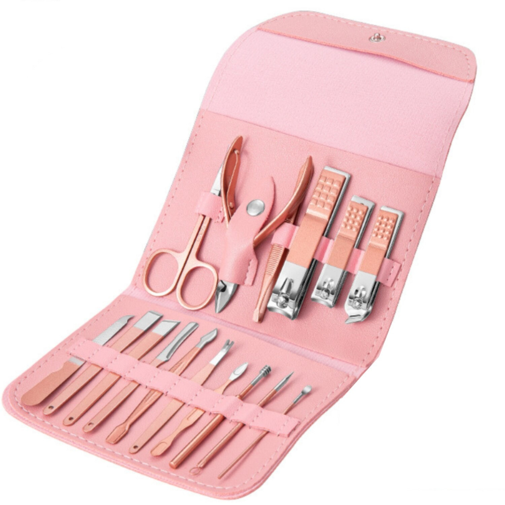 set 16 piese ingrijire cosmetica manichiura pedichiura geanta piele ecologica roz [5]