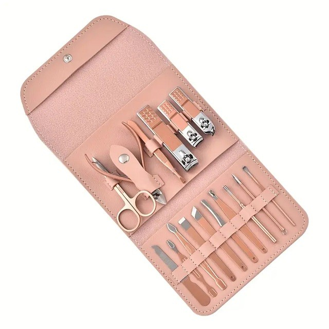 set 16 piese ingrijire cosmetica manichiura pedichiura geanta piele ecologica roz [6]