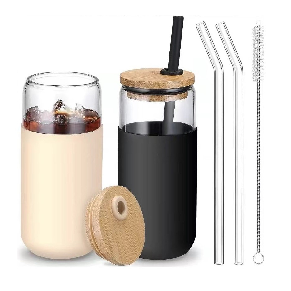 set 2 pahare sticla termoizolante cu capace bambus si paie reutilizabile [2]