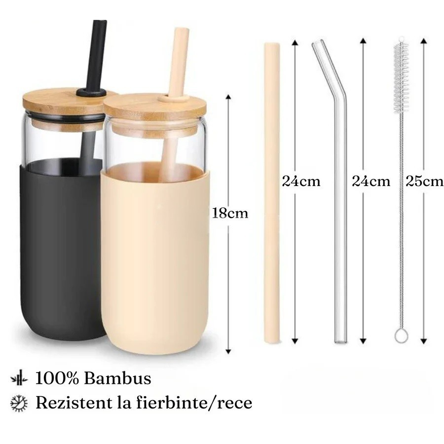set 2 pahare sticla termoizolante cu capace bambus si paie reutilizabile [3]