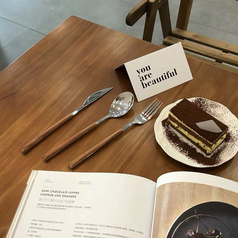 Set 5 tacamuri, otel inoxidabil cu maner aspect lemn, maro [9]