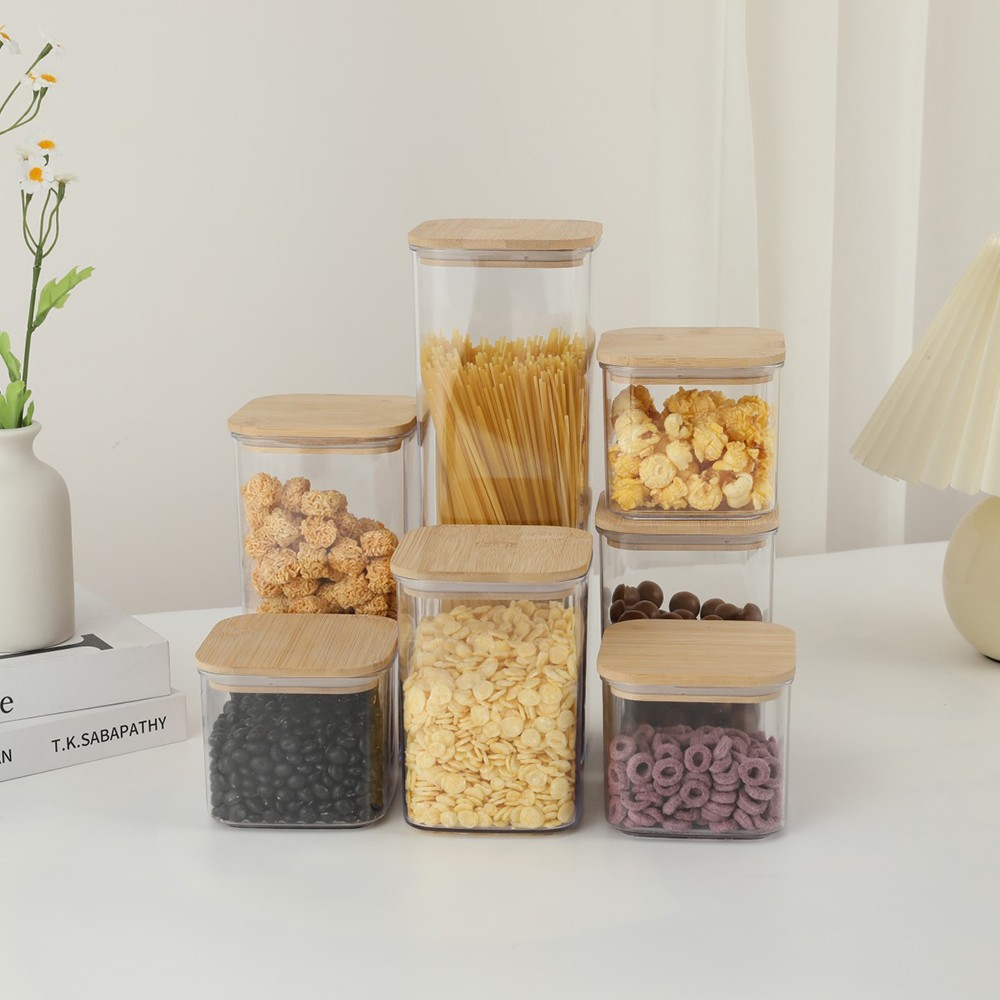 set cutii depozitare alimente capac bambus plastic transparent [3]