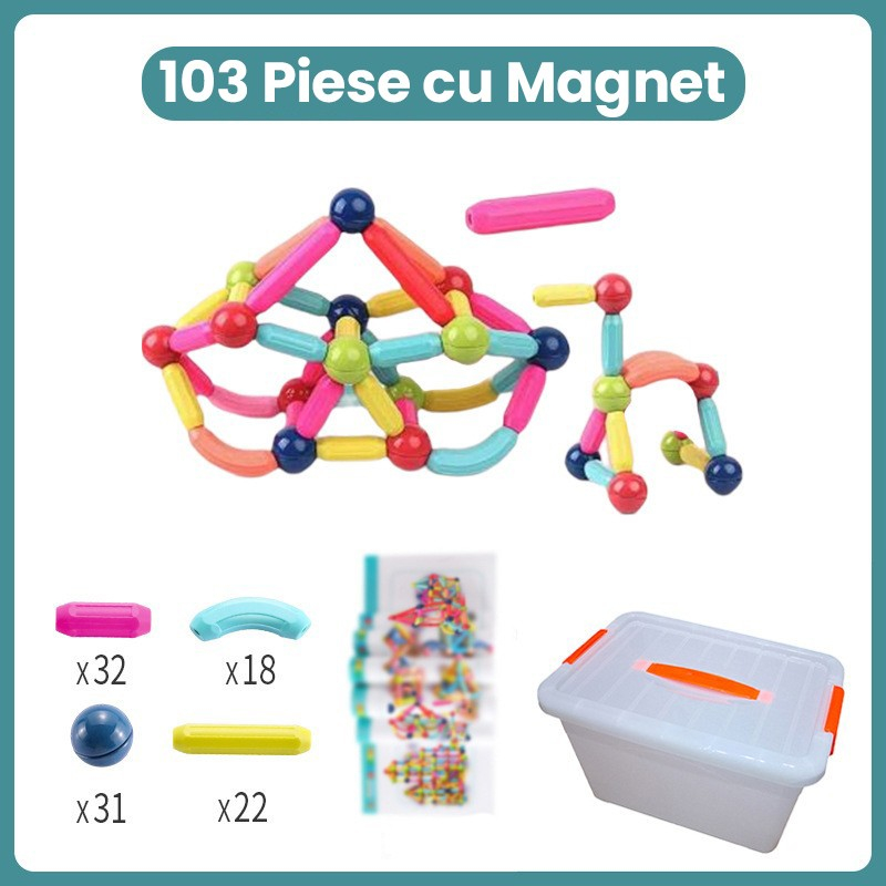 Set piese magnetice pentru copii, 103 piese, constructii nelimitate, plastic cu magneti, multicolor [2]