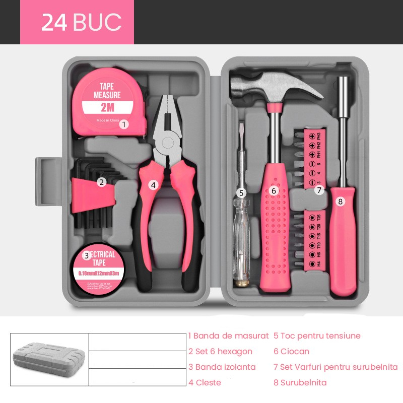 Set scule 24 piese, uz casnic, trusa plastic gri, metal, roz [2]