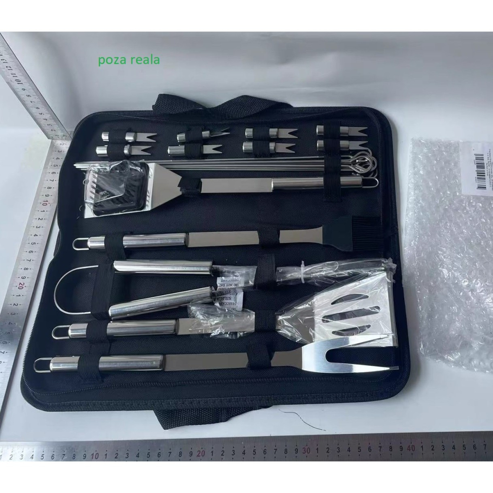 Set ustensile pentru gratar, 18 piese, otel inoxidabil, geanta Oxford argintiu [2]