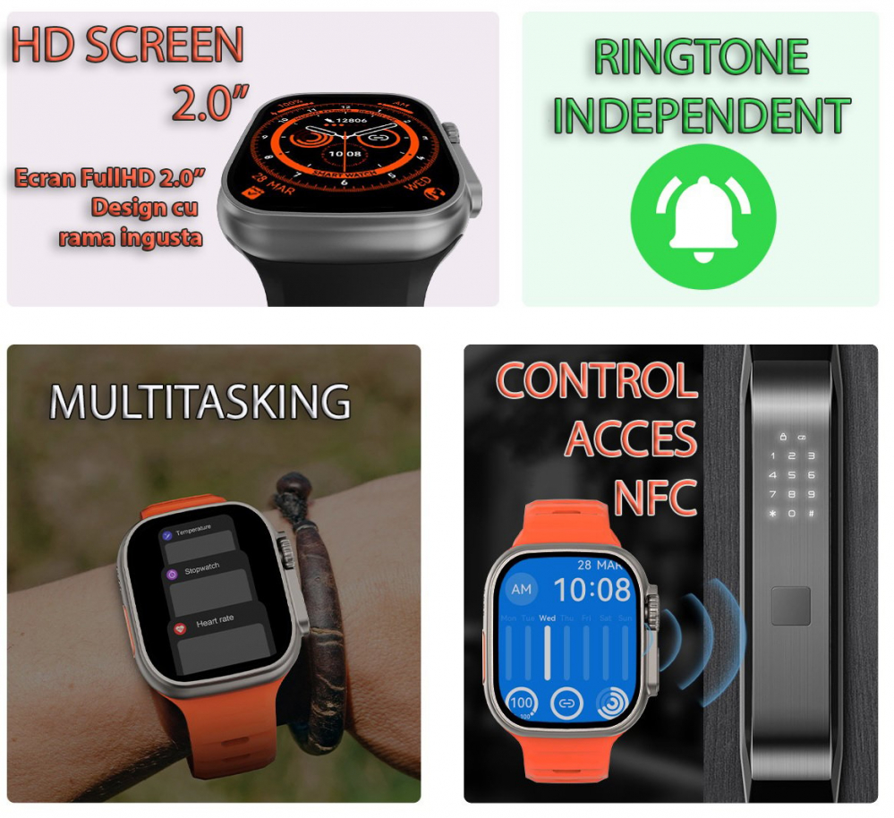 Smartwatch 1.99 inch cu apeluri Bluetooth si curea extra [3]
