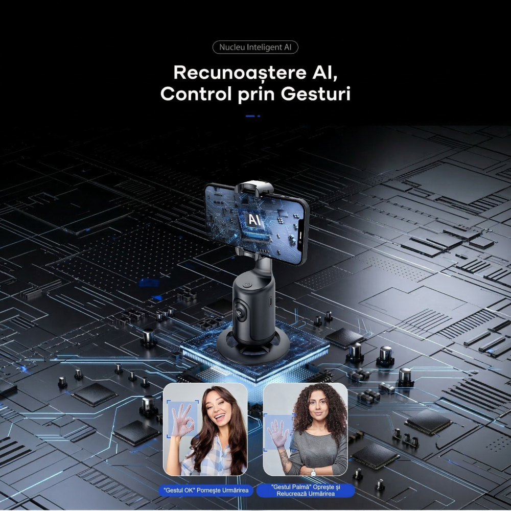 Stabilizator pentru telefon, AI face tracking, rotire 360 grade, aluminiu, negru [3]