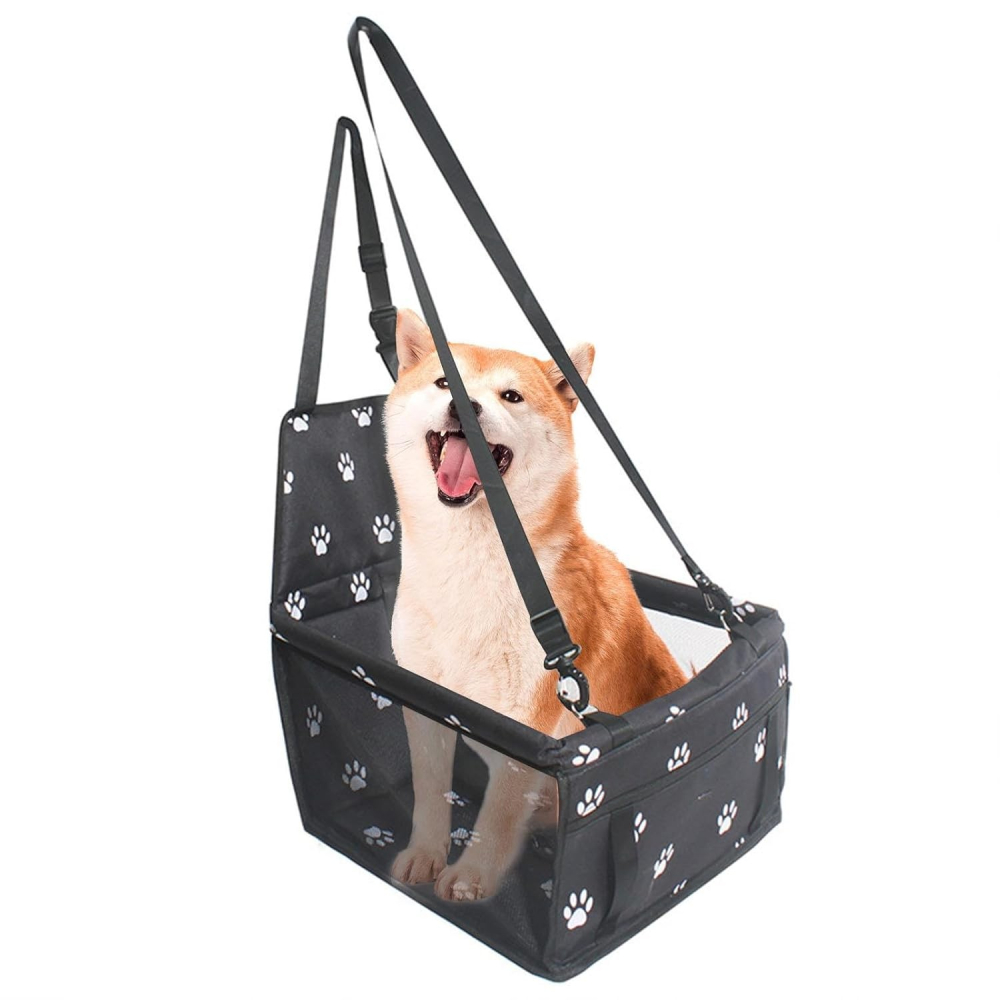 Suport pentru animale de companie, cu prindere de scaun si centura, 40x32x42 cm, negru cu imprimeu [4]