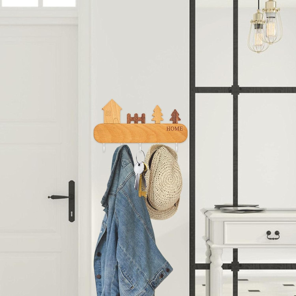 Suport pentru chei, model casuta, lemn natural, aplicare fara perforare, 5 carlige albe [5]