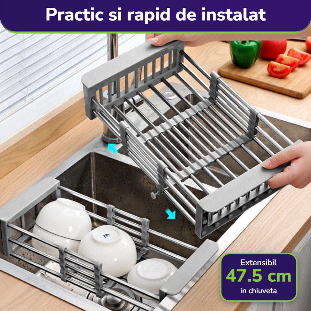 Suport scurgere extensibil pentru bucatarie, uscator vase din otel inoxidabil, suport tacamuri si pahare, 29 x 22 x 9.5 cm gri [4]