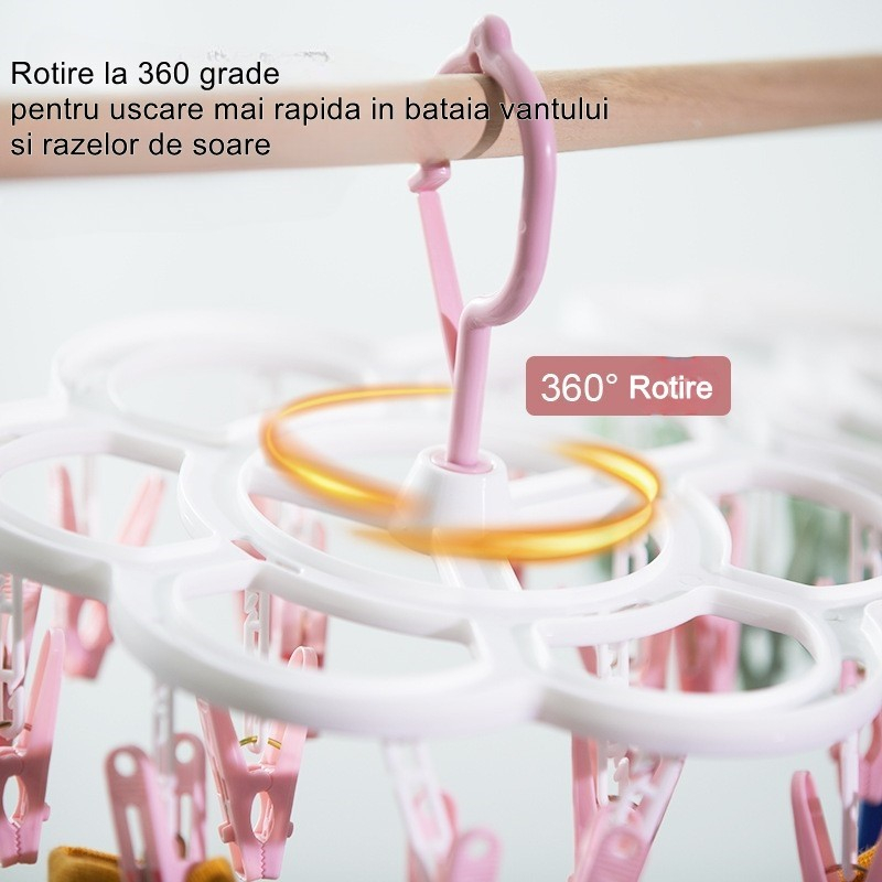 Uscator de rufe suspendat, 16 carlige, rotire 360 grade, plastic, roz [2]