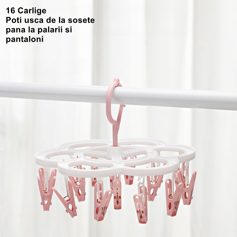 Uscator de rufe suspendat, 16 carlige, rotire 360 grade, plastic, roz [3]