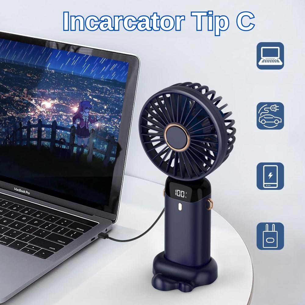 ventilator portabil pliabil cu incarcare USB si ecran LED albastru [8]