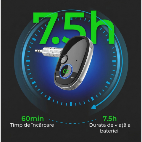 Adaptor auto Bluetooth 5.0, cu jack 3.5 mm, cablu auxiliar inclus, negru [2]