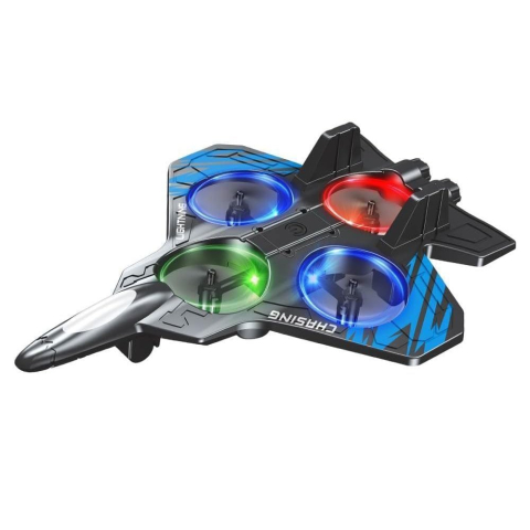 Kit-uri Robotica - Avion de lupta cu telecomanda, tip drona, rotire 360 grade, spuma EVA negru-albastru