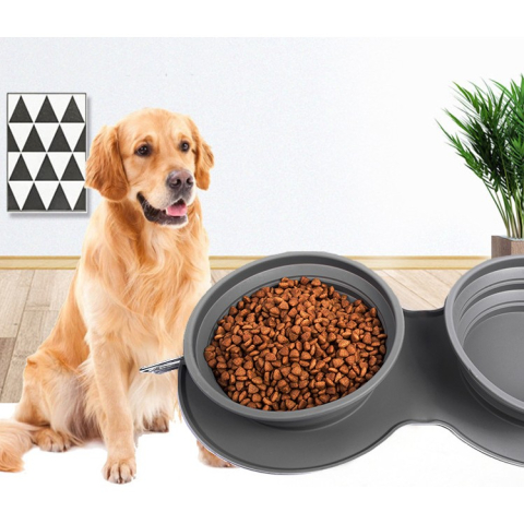 Bol dublu pliabil pentru animale, silicon alimentar, inaltime reglabila, antialunecare, gri [3]