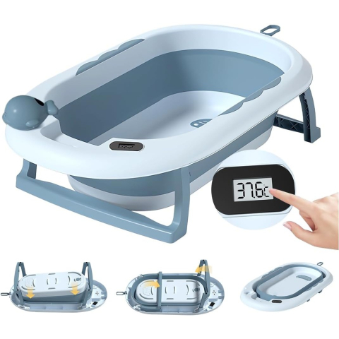 Cada de baie pliabila pentru copii, cu termometru digital, perna suport inclusa, din plastic albastru [1]