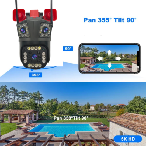 Cameră de Supraveghere Triplă 4G/WiFi, 12MP Ultra HD, PTZ 355°, Zoom 5X, Night Vision Color, Audio 2-Way+CARD 32 GB CADOU [1]
