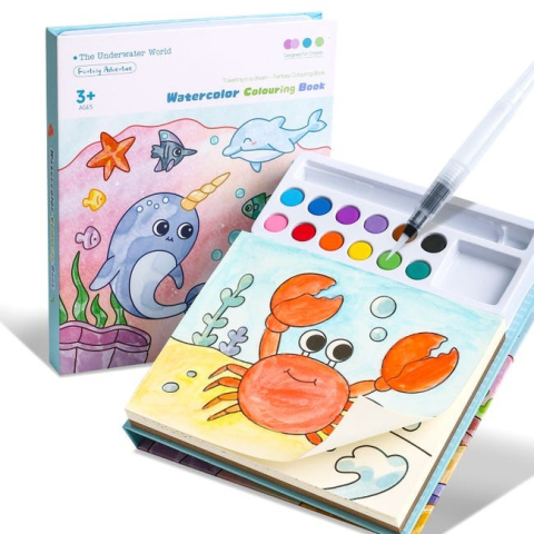 Creativitate si Arta - carte colorat acuarela model balena cu pensula rezervor