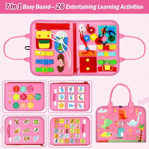 Carte senzoriala educativa Montessori, 7 activitati, 4 pagini, model dinozauri, roz [5]