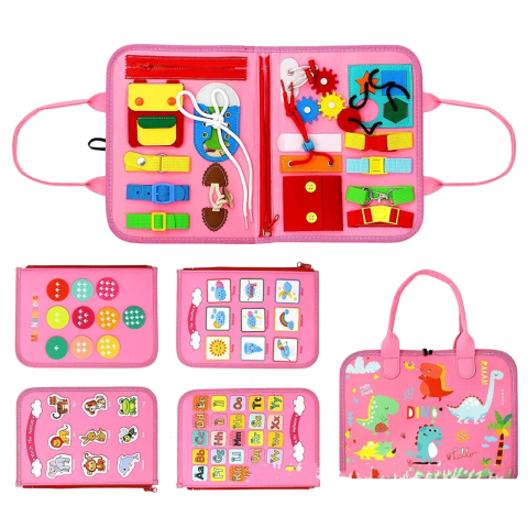 Jucarii Montessori - Carte senzoriala educativa Montessori, 7 activitati, 4 pagini, model dinozauri, roz