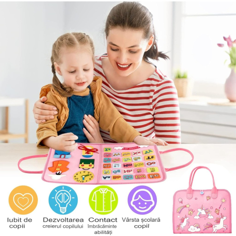 Carte senzoriala educativa Montessori, model unicorni, 5 pagini, fetru moale, roz [3]