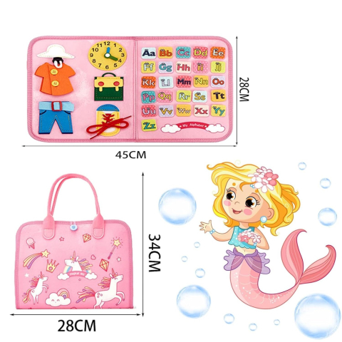 Carte senzoriala educativa Montessori, model unicorni, 5 pagini, fetru moale, roz [2]