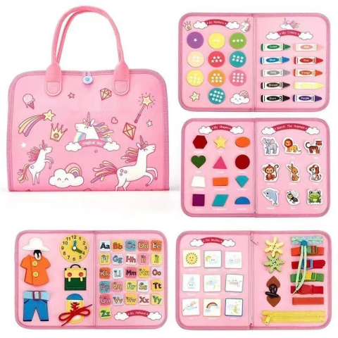 Jucarii Montessori - Carte senzoriala educativa Montessori, model unicorni, 5 pagini, fetru moale, roz