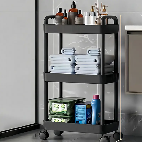 Noutati - Carucior Organizator cu 3 Niveluri si Roti – Plastic Negru, Mobil si Compact