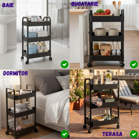 Carucior Organizator cu 3 Niveluri si Roti – Plastic Negru, Mobil si Compact [1]