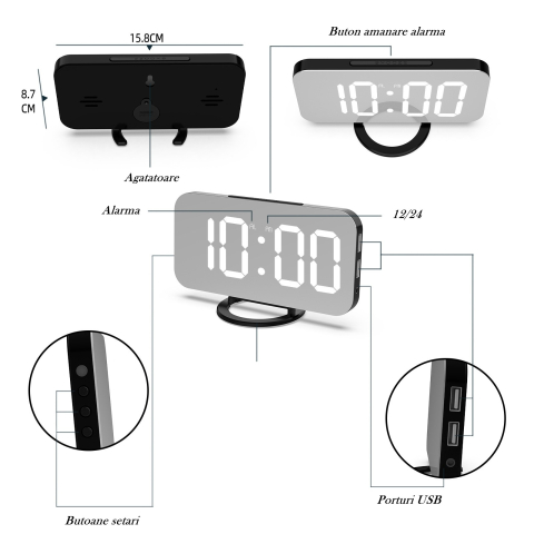 Ceas digital cu alarma, ecran oglinda, 2 porturi USB, alb, 15.8 cm [5]