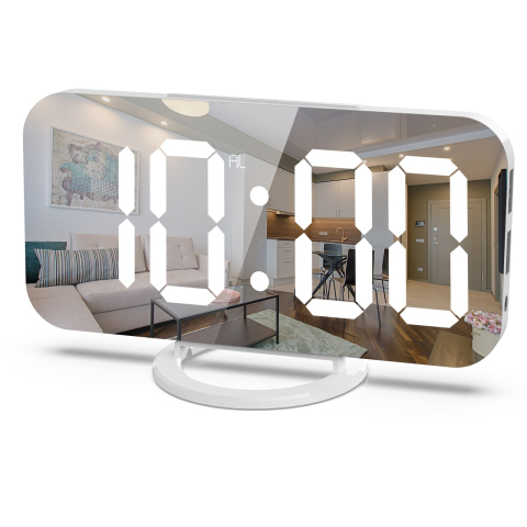 Casa & Gradina - Ceas digital cu alarma, ecran oglinda, 2 porturi USB, alb, 15.8 cm