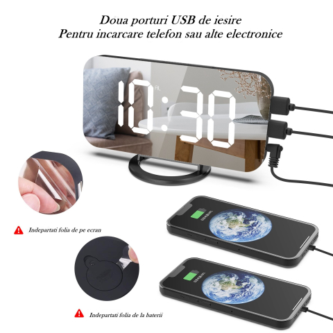 Ceas digital cu alarma, ecran oglinda, 2 porturi USB, alb, 15.8 cm [2]