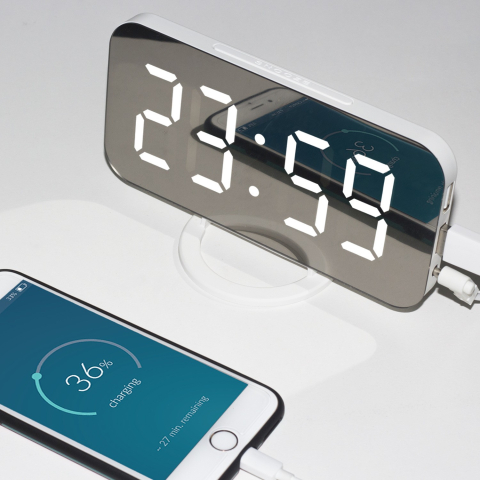 Ceas digital cu alarma, ecran oglinda, 2 porturi USB, alb, 15.8 cm [6]