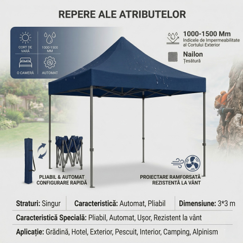 Cort pavilion pliabil 3x3 m, cadru metal ranforsat, acoperis polyester Oxford 420D, albastru [2]